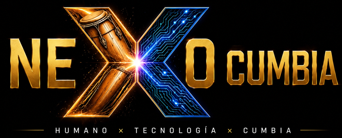NEXO CUMBIA: una X formada por un tambor de madera en un lado y circuitos luminosos en el otro, sobre la línea HUMANO × TECNOLOGÍA × CUMBIA.